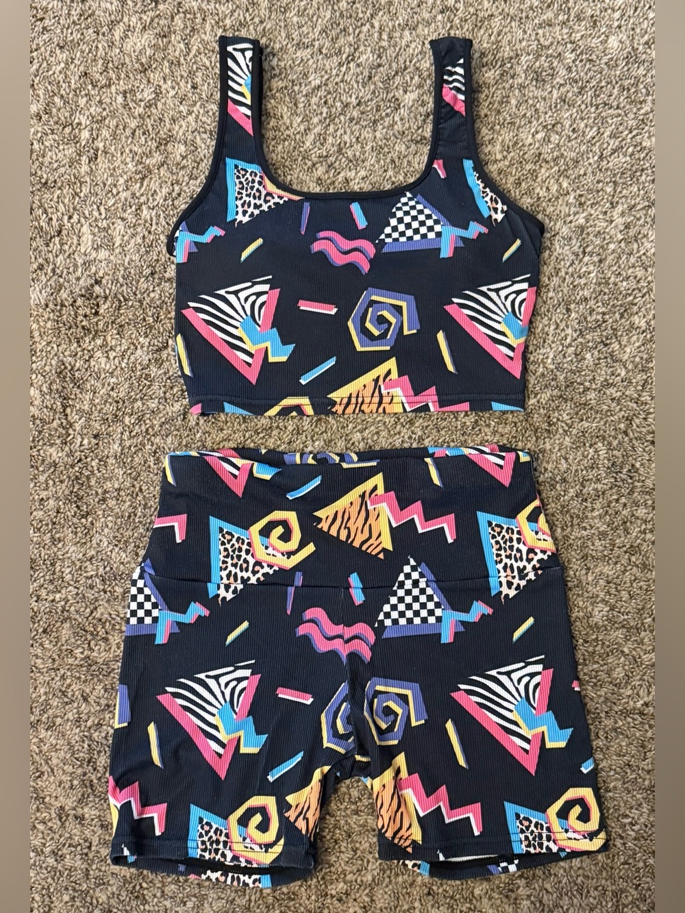 Women’s Black Retro 90’s Geometric Theme Workout Set